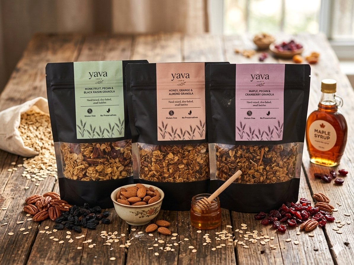 Yava granola — all three flavors with ingredients